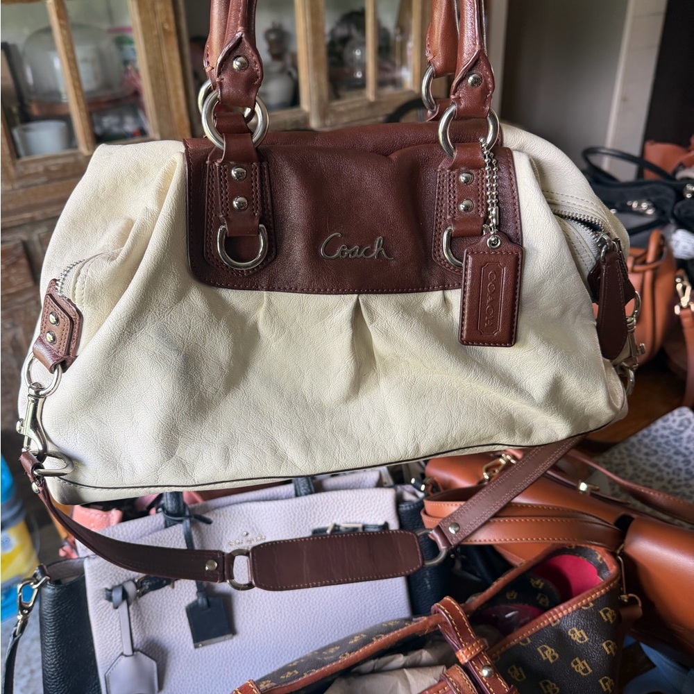 Coach Two-Tone Cream and Brown Leather Shoulder Bag